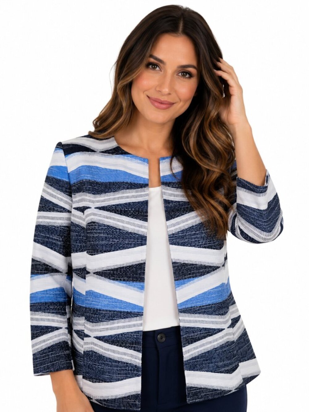 Kasper Blazer Women Size 12 Blue Navy White Open Front 3/4 Sleeve Textured Lined
